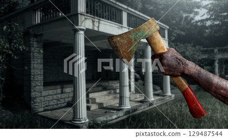 Zombie hand with a bloody wound holding an axe haunted the old building. Zombie, devil, evil, satan, or monster hands. Concept of Spooky Halloween Zombie hand with a bloody wound holding an axe haunted the old building. Zombie, devil, evil, satan, or monster hands. Concept of Spooky Halloween 129487544