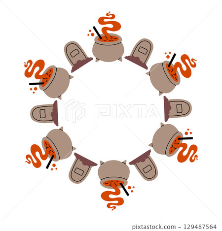 Simple Halloween circle frame. Cute Halloween frame border on white background. The round vector design with soft colors, perfect for spooky autumn decorations, banners, stickers, ads, sale. Simple Halloween circle frame. Cute Halloween frame border on white background. The round vector design with soft colors, perfect for spooky autumn decorations, banners, stickers, ads, sale. 129487564