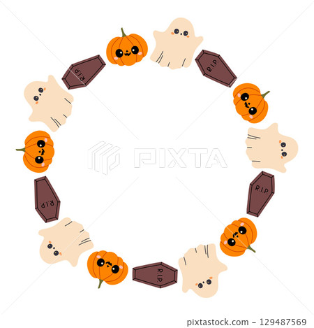 Simple Halloween circle frame. Cute Halloween frame border on white background. The round vector design with soft colors, perfect for spooky autumn decorations, banners, stickers, ads, sale. 129487569