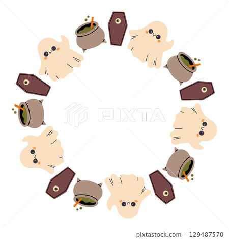 Simple Halloween circle frame. Cute Halloween frame border on white background. The round vector design with soft colors, perfect for spooky autumn decorations, banners, stickers, ads, sale. Simple Halloween circle frame. Cute Halloween frame border on white background. The round vector design with soft colors, perfect for spooky autumn decorations, banners, stickers, ads, sale. 129487570