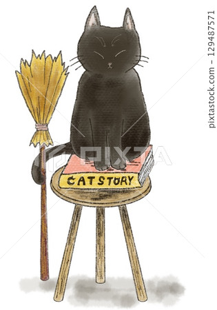 Black cat sitting on a chair 129487571