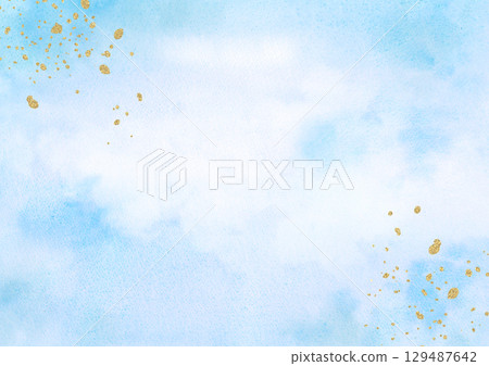 Light blue watercolor texture with scattered gold particles 129487642
