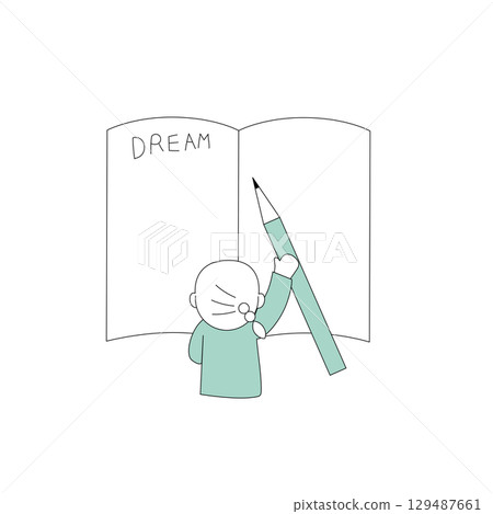 Illustration of a girl writing down her dreams in a large notebook 129487661