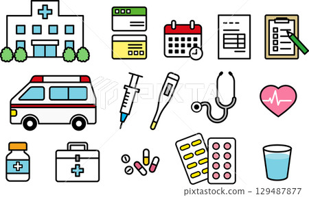 Hospital and doctor medical material set color Hospital and doctor medical material set color 129487877