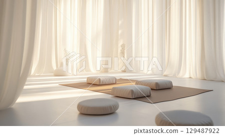 Serene Minimalist Interior Design with Soft Natural Light and Cushions Serene Minimalist Interior Design with Soft Natural Light and Cushions 129487922
