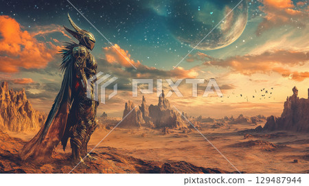 Futuristic Warrior Standing on Alien Landscape at Sunset 129487944