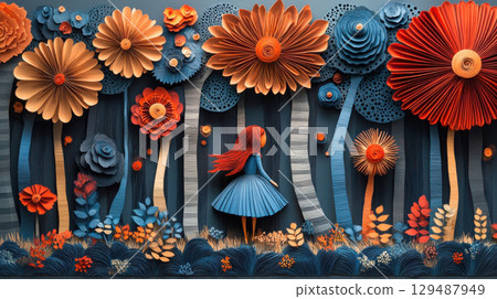 Whimsical Paper Art Forest with Colorful Flowers and Girl 129487949