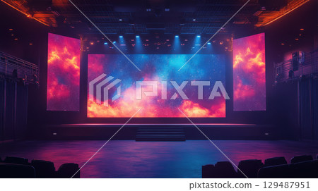 Futuristic Stage Design with Colorful Cosmic Background and Lights 129487951