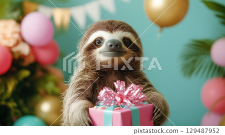 Cute Sloth Holding Gift Box at Colorful Birthday Celebration 129487952