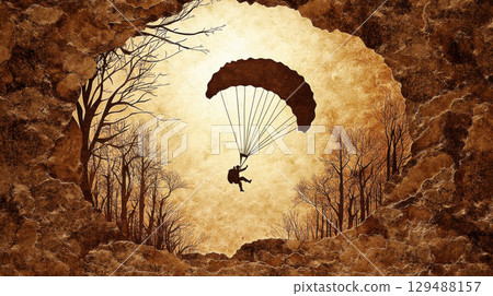 Adventurous Parachutist Gliding Through Abstract Rugged Landscape 129488157