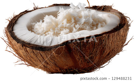 Fresh coconut half with shredded white meat and textured shell. isolated on transparent background cutout 129488231