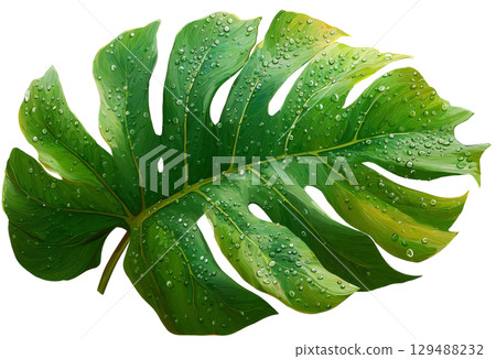 Green monstera leaf with water droplets showcasing natural beauty. isolated on transparent background cutout Green monstera leaf with water droplets showcasing natural beauty. isolated on transparent background cutout 129488232