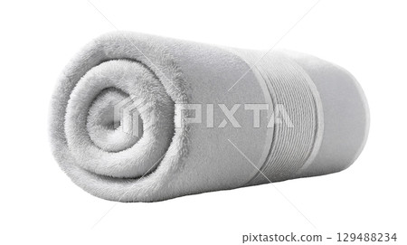 Soft gray towel rolled neatly on a white background with texture. isolated on transparent background cutout 129488234