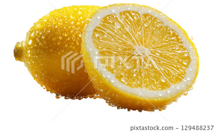 Fresh yellow lemon with droplets, sliced half showcasing juicy texture. isolated on transparent background cutout Fresh yellow lemon with droplets, sliced half showcasing juicy texture. isolated on transparent background cutout 129488237