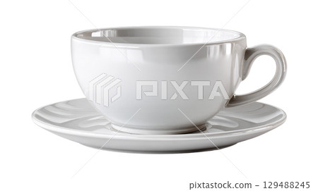 Elegant white ceramic cup and saucer with smooth glossy finish. isolated on transparent background cutout 129488245