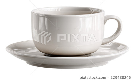 Elegant white ceramic cup and saucer set on a clean surface. isolated on transparent background cutout 129488246