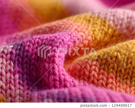 Multicolored woolen textile featuring intricate knitting patterns, revealing textural details and warmth, ideal for crafting backgrounds or winter-themed imagery 129489017