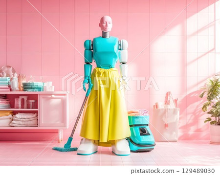 Humanoid robot in human colorful fashionable knitwear vacuums and cleans a stylish home, creating a cozy atmosphere and cleanliness, modern technologies as help in housekeeping, cleaning in apartment 129489030