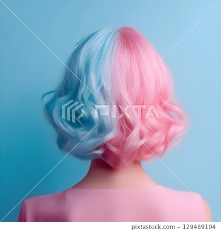 Woman with back turned, displaying two-tone pink and blue hair against vivid blue backdrop, highlighting contemporary hair coloring trend 129489104