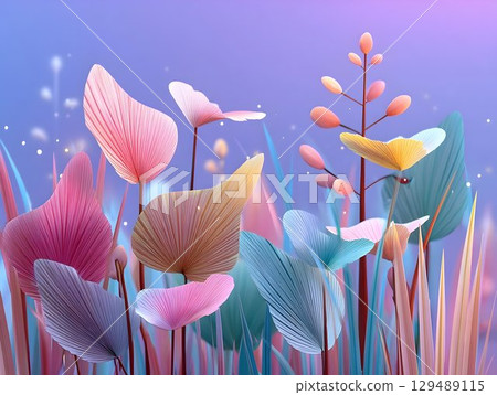 Vibrant exotic foliage spreading broad striped leaves beneath dreamlike twilight sky, luminescent fireflies flickering softly across surreal lavender landscape Vibrant exotic foliage spreading broad striped leaves beneath dreamlike twilight sky, luminescent fireflies flickering softly across surreal lavender landscape 129489115