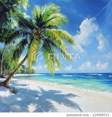 Sunlight bathing pristine white sand, turquoise waters surrounding verdant palms on secluded tropical shoreline, epitomizing serene island paradise 129489131