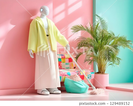 Humanoid robot in human colorful fashionable knitwear vacuums and cleans a stylish home, creating a cozy atmosphere and cleanliness, modern technologies as help in housekeeping, cleaning in apartment 129489152