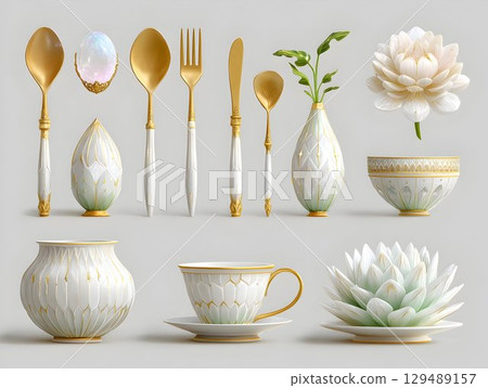 Spoons, forks, knives, teacups, bowls, vases and decorative lotus flowers are arranged on a neutral background, composing a sophisticated and luxurious table setting 129489157
