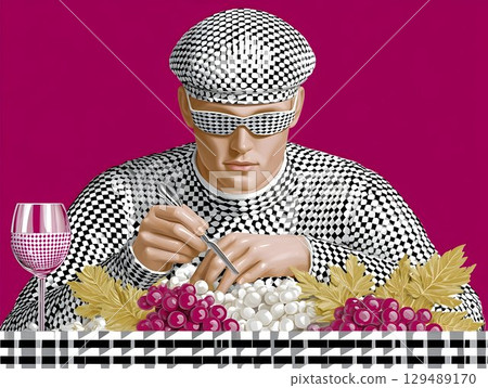Stylish man in checkered outfit, sunglasses, enjoying grapes with wine at matching checkered table against vibrant pink backdrop 129489170