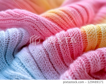 Rainbow gradient knitted wool fabric softly folding, revealing intricate texture, creating warm, cozy textile design suitable for creative projects 129489171