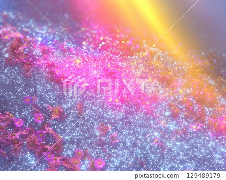 Pink blossoms carpeting verdant field, radiant sunlight glimmering through delicate petals, generating ethereal landscape with tranquil, uplifting visual harmony 129489179