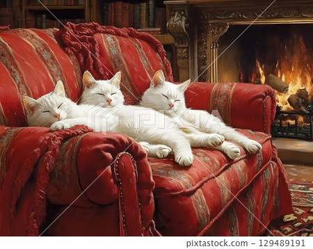 Peaceful white felines resting together on plush red sofa, nestled near softly glowing fireplace surrounded by bookshelves, embodying domestic tranquility 129489191
