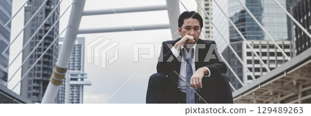 Banner Failure businessman unemployed jobless recession crisis stress and lose job. Panorama Despair Failure bankruptcy businesspeople in middle aged depressed failed situation wide with copy space 129489263