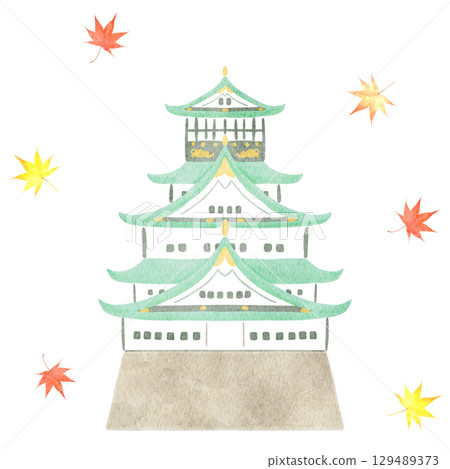 Watercolor illustration of Osaka Castle surrounded by autumn leaves Watercolor illustration of Osaka Castle surrounded by autumn leaves 129489373