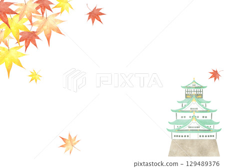 Watercolor illustration of Osaka Castle surrounded by autumn leaves 129489376