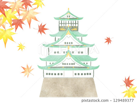 Watercolor illustration of Osaka Castle surrounded by autumn leaves 129489377