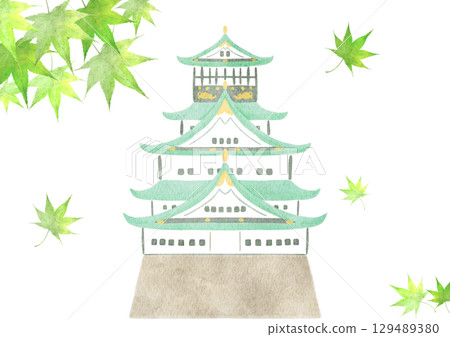 Watercolor illustration of young maple leaves and Osaka Castle Watercolor illustration of young maple leaves and Osaka Castle 129489380