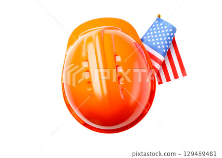 Hard hat with flag shows Labor Day spirit, isolated on white, PNG Hard hat with flag shows Labor Day spirit, isolated on white, PNG 129489481