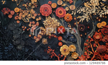 Colorful Paper Floral Art Design with Intricate Details and Textures 129489786