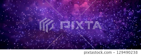 Banner Purple Firework celebrate anniversary happy new year 2024, 4th of july holiday festival. Banner Purple firework night time National holiday. Violet firework New year 2025 festival copy space 129490238