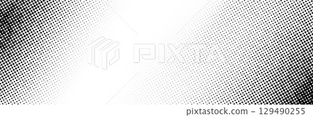 Grunge halftone gradient texture. Distress fading grit noise background. Black and white sandy wallpaper. Retro pixelated backdrop. Anime or manga style comic overlay. Vector textured gritty surface 129490255