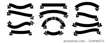 Black ribbon banner set. Bent and curved ribbons collection for emblem, sticker, advertising, poster, promotion, frame. Vintage wavy dark label tag element bundle for graphic design template. Vector 129490271
