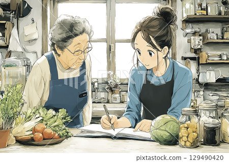 Miyu系列:一位活潑的老年婦女在春季營養指導期間與註冊營養師交談,以時令蔬菜為主題的室內場景 Miyu系列:一位活潑的老年婦女在春季營養指導期間與註冊營養師交談,以時令蔬菜為主題的室內場景 129490420