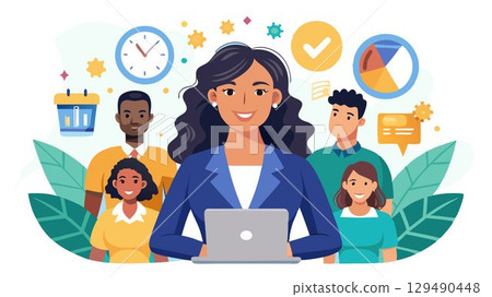 Stunning time-lapse footage reveals the productive and inspiring workday of a driven Hispanic businesswoman, surrounded by a diverse team of innovative young colleagues. 129490448