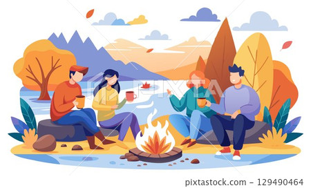 A picturesque autumn scene unfolds: friends relax on a log by a river, enjoying tea and the warmth of a campfire, their smiles capturing the joy of friendship and nature. 129490464