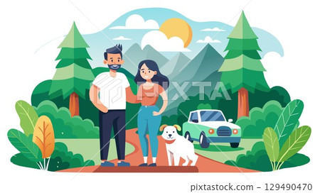 This stunning 4K UHD video follows a Caucasian couple and their pet dog on a scenic drive through a lush forest, capturing the serenity of nature and the excitement of exploration. 129490470