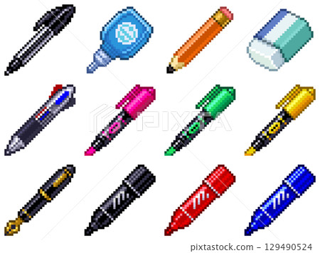 Office Stationery & Writing Supplies Pixel Art Pictograms Vol. 1 (12 items including pens, pencils, markers, etc.) 129490524
