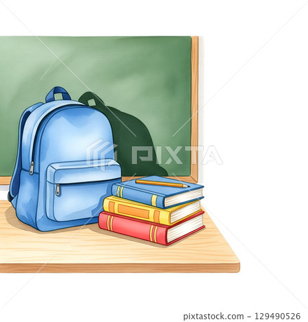 A blue backpack with a front pocket sits on a wooden table next to a stack of books with colored bindings. Back to school  129490526