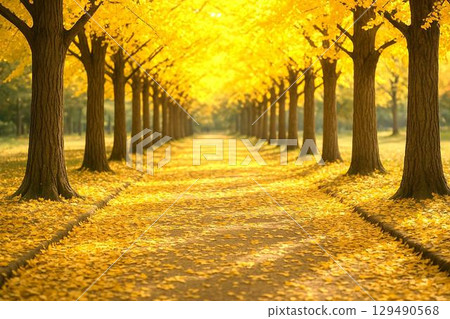 Beautiful autumn scenery with red and yellow leaves. High-quality stock images of beautiful maples and ginkgo trees. 129490568
