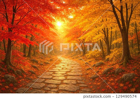 紅葉黃葉交織，秋日美景美不勝收。精美楓樹和銀杏樹的高清圖片。 129490574