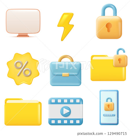 3D Business and Technology Icons Set. Marketing and Security. Vector 3D Business and Technology Icons Set. Marketing and Security. Vector 129490715